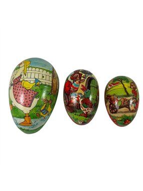 3 Nested Paper Mache Easter Egg Candy Containers Boxes West Germany Vintage 80s